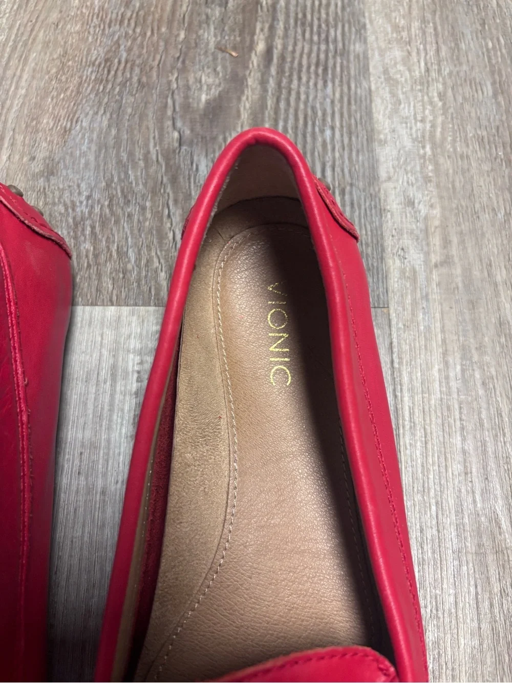 Vionic Ashby Red Leather Driving Loafers with Gold Bar Accent